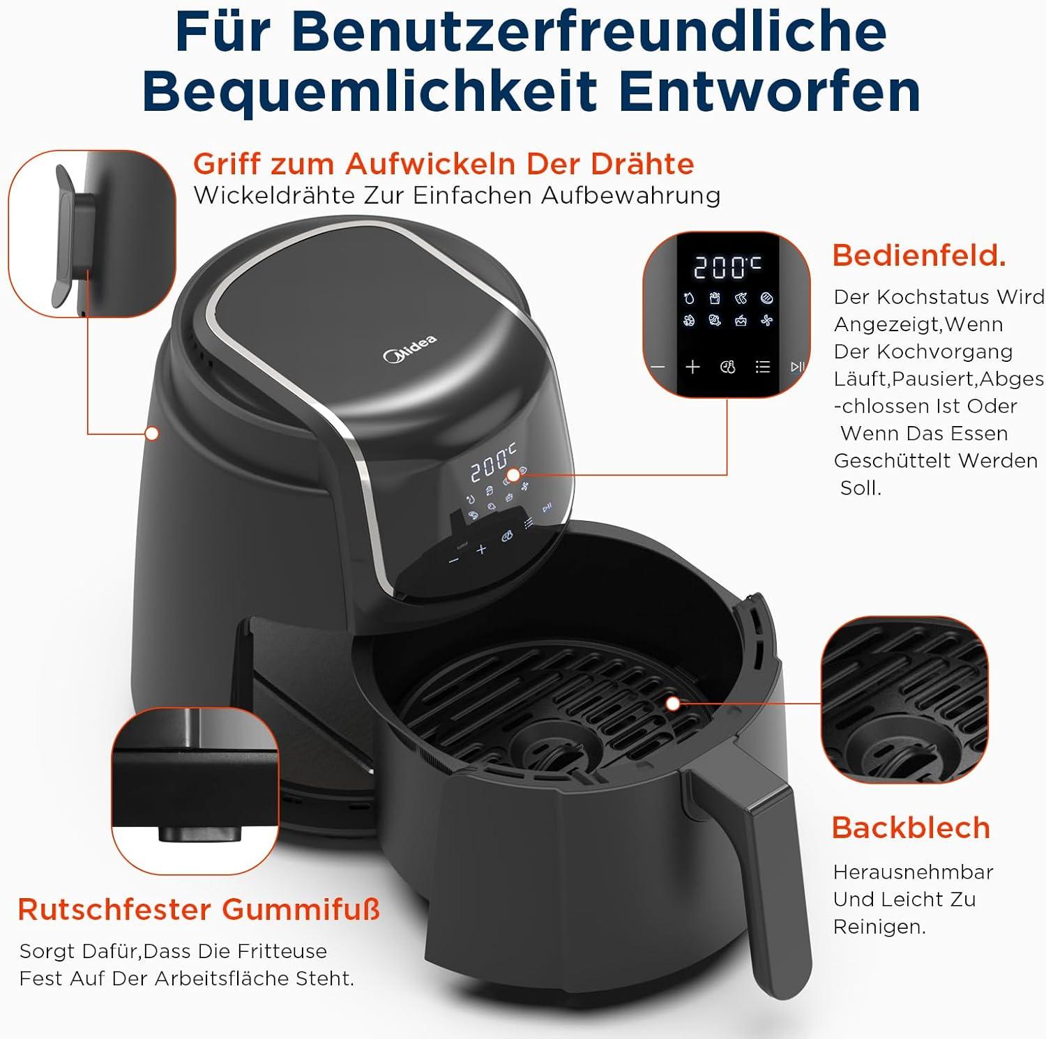 imageMidea Friteuse Air Chaud 2L Compacte 12 Programmes Air Fryer 80200C Panier Antiadhsif Lavable 1150W Sans BPA Idal Petites Cuisines NoirNoir Clair