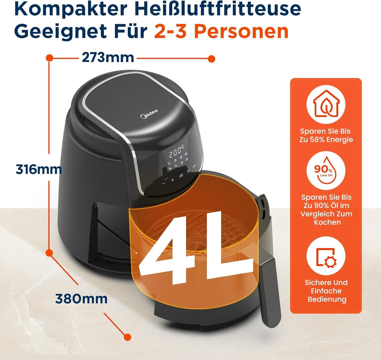 imageMidea Friteuse Air Chaud 2L Compacte 12 Programmes Air Fryer 80200C Panier Antiadhsif Lavable 1150W Sans BPA Idal Petites Cuisines NoirNoir Clair