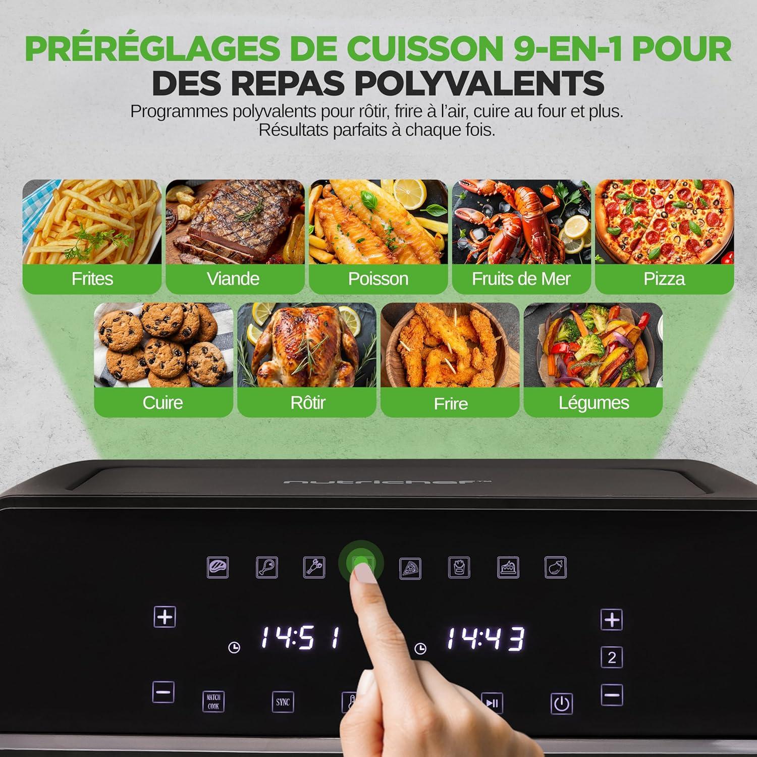 imageNutriChef Friteuse Air 58L 8 Modes Prrgls Bol Transparent Temprature et Temps Prcis Pour Crevettes Frites Ailes Poulet Blanc 2819Noir
