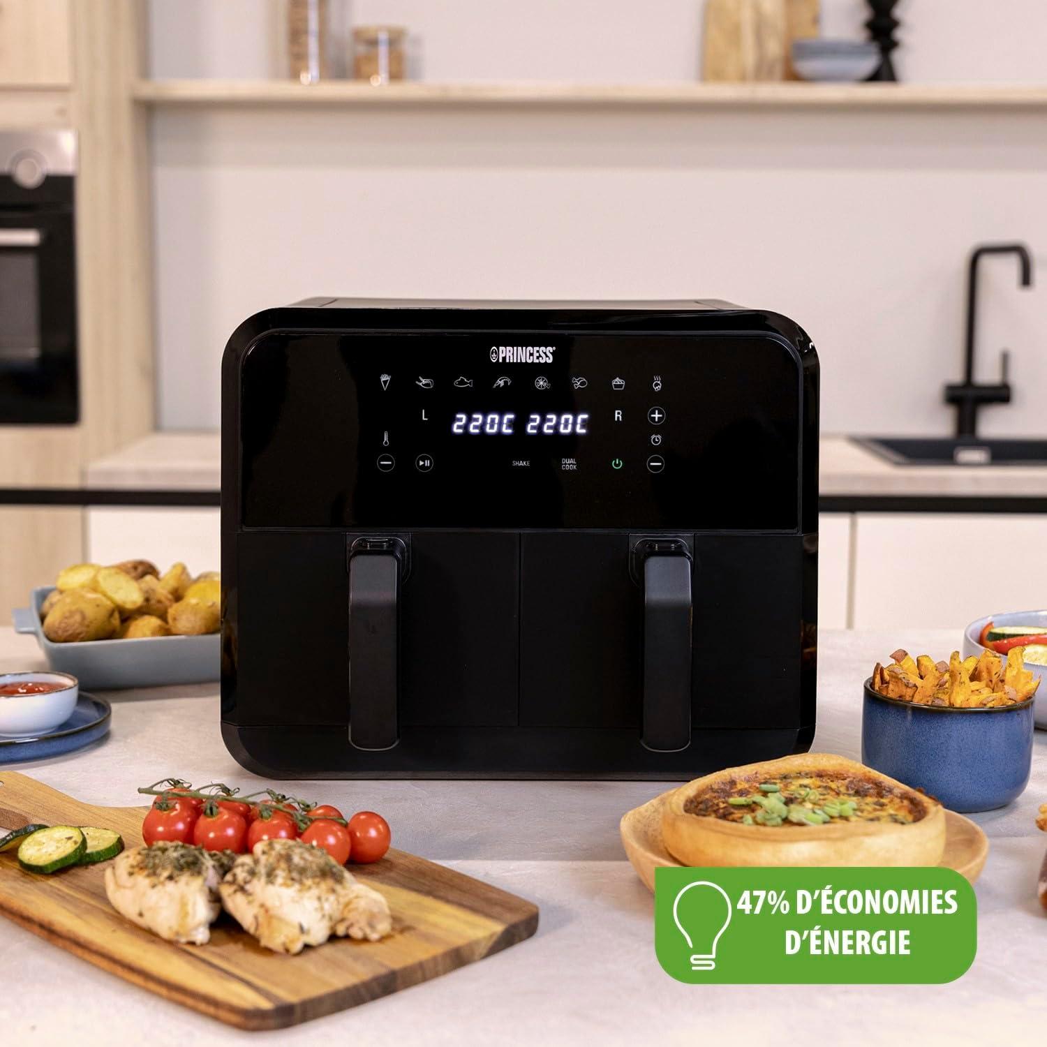 imagePrincess XXL friteuse sans huile double panier 11 L Sans BPA ni PFAS Fin de cuisson synchronise 8 programmes Hublot 2 400 W 1822762x4L