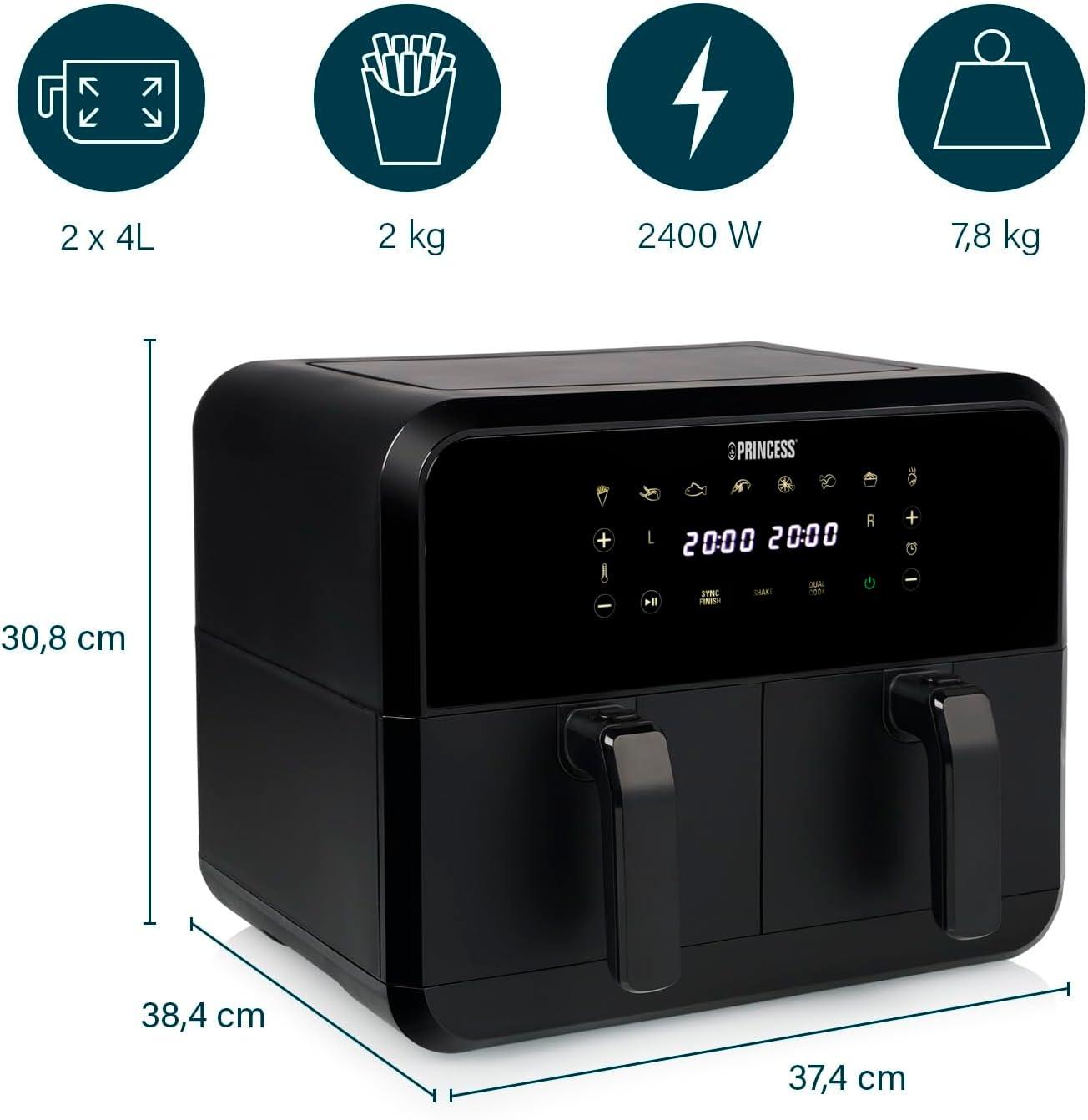 imagePrincess XXL friteuse sans huile double panier 11 L Sans BPA ni PFAS Fin de cuisson synchronise 8 programmes Hublot 2 400 W 1822762x4L