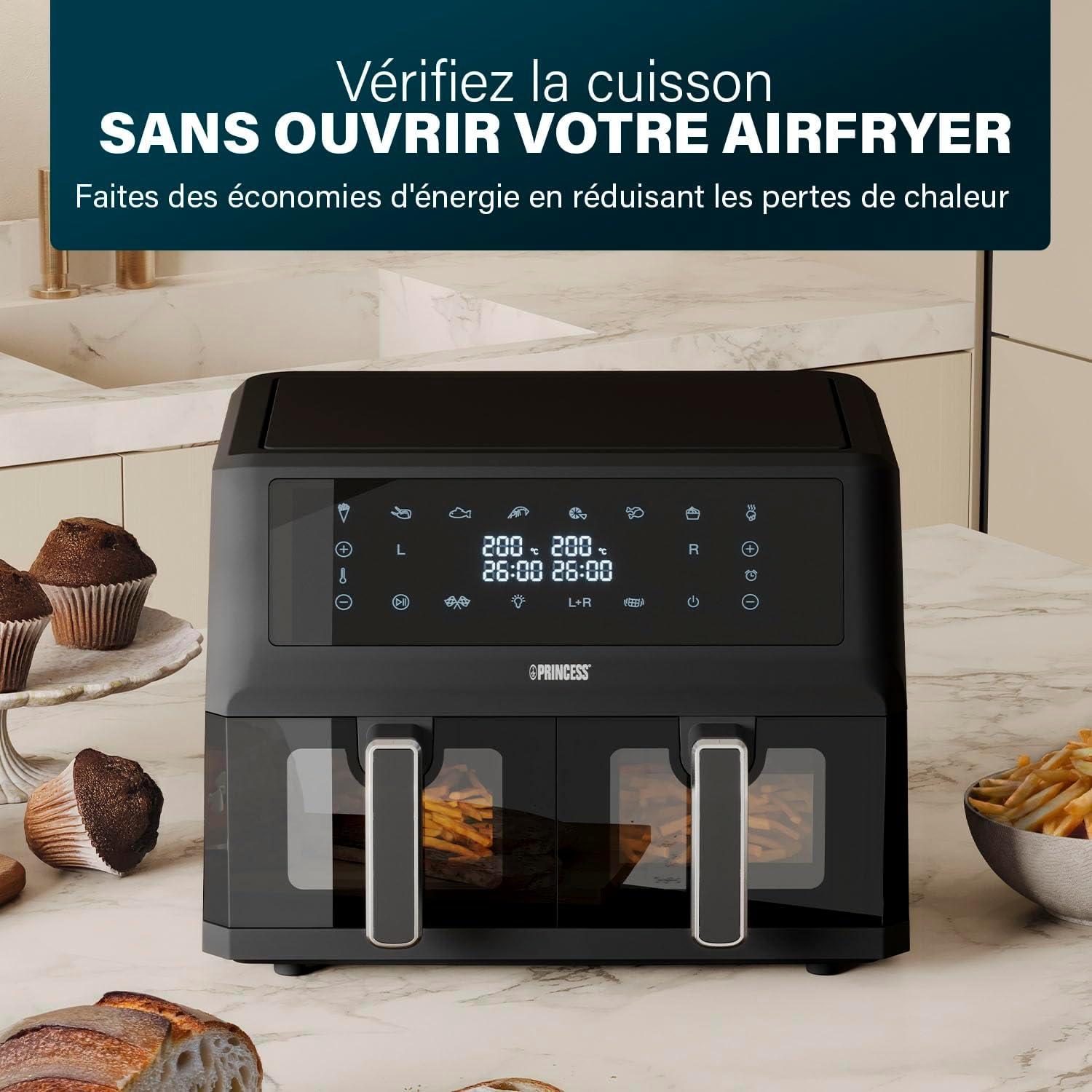 imagePrincess XXL friteuse sans huile double panier 11 L Sans BPA ni PFAS Fin de cuisson synchronise 8 programmes Hublot 2 400 W 1822762x5 5L
