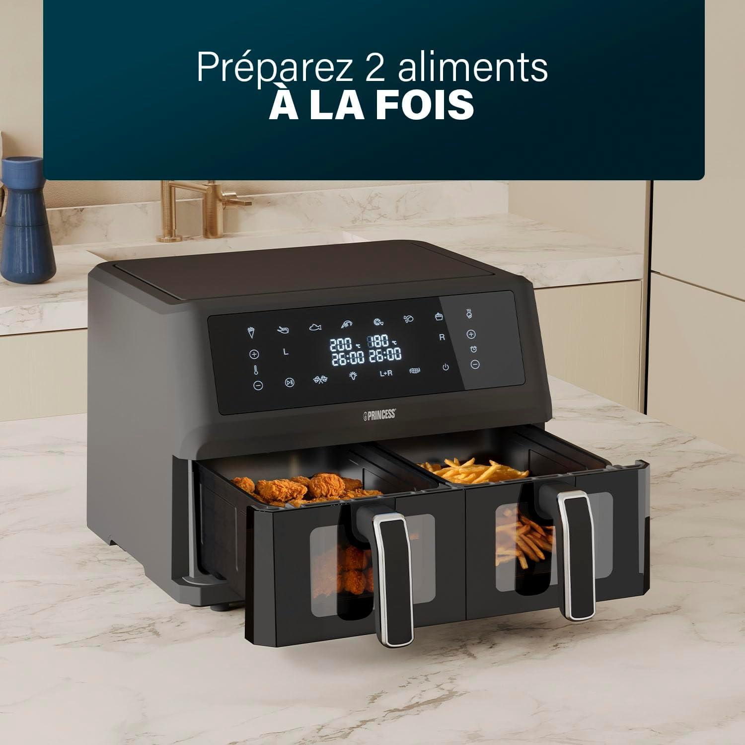 imagePrincess XXL friteuse sans huile double panier 11 L Sans BPA ni PFAS Fin de cuisson synchronise 8 programmes Hublot 2 400 W 1822762x5 5L