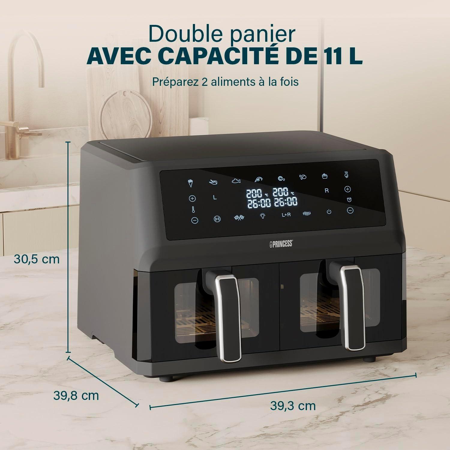 imagePrincess XXL friteuse sans huile double panier 11 L Sans BPA ni PFAS Fin de cuisson synchronise 8 programmes Hublot 2 400 W 1822762x5 5L