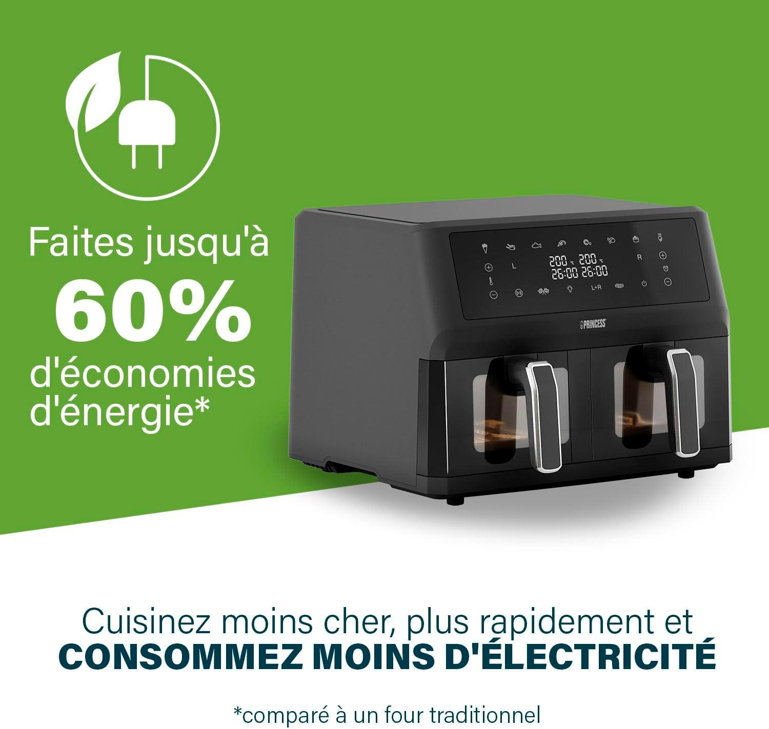 imagePrincess XXL friteuse sans huile double panier 11 L Sans BPA ni PFAS Fin de cuisson synchronise 8 programmes Hublot 2 400 W 1822762x5 5L