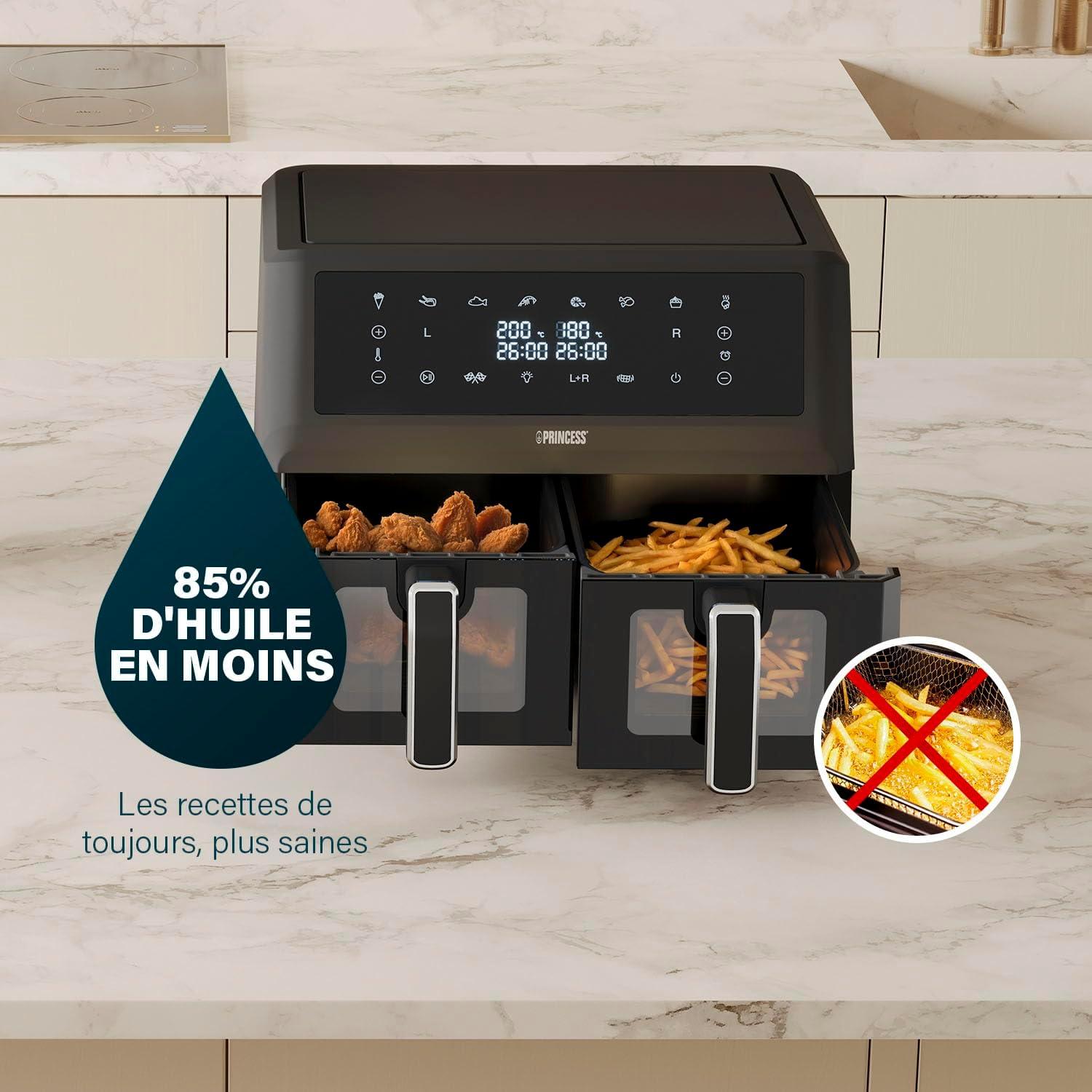 imagePrincess XXL friteuse sans huile double panier 11 L Sans BPA ni PFAS Fin de cuisson synchronise 8 programmes Hublot 2 400 W 1822762x5 5L