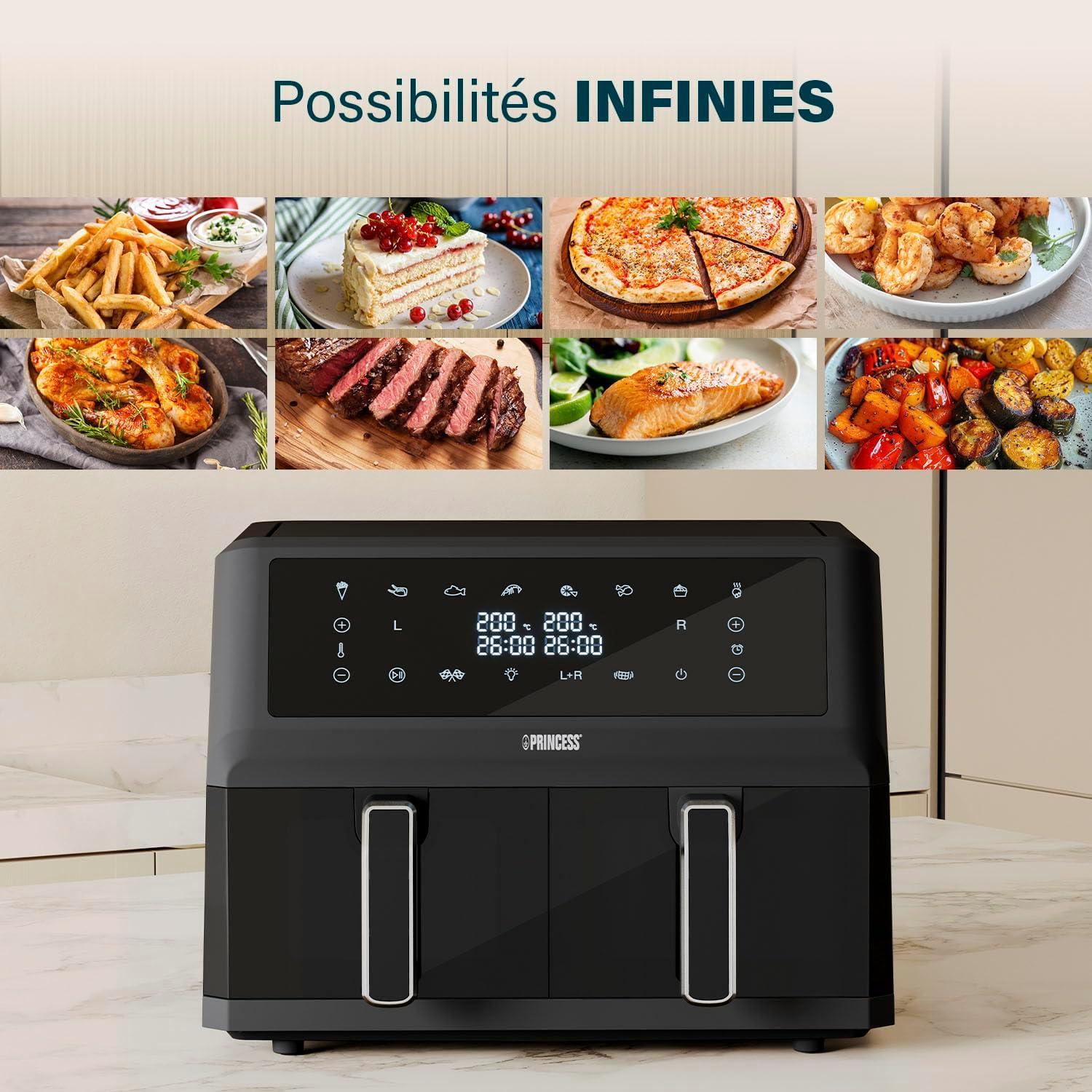 imagePrincess XXL friteuse sans huile double panier 11 L Sans BPA ni PFAS Fin de cuisson synchronise 8 programmes Hublot 2 400 W 1822762x5 5L