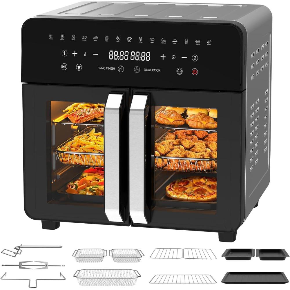 imageAir Fryer Dual Zone 23L XXL Friteuse Air avec sparateur amovible Friteuse sans huile avec portes French Door 15 programmes Grande fentre 5 ensembles daccessoires Livre de recette