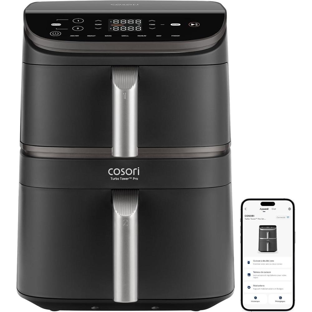 imageCOSORI Air Fryer 108L Turbo Tower ProFriteuse sans huile avec 100 en Cramique Double Stack Dual BlazeampampTurbo Blaze3 Niveaux Cuisson7 Fonctions de Cuisson68 dconomie dnergie300 RecettesCramique 108L avec Wifi