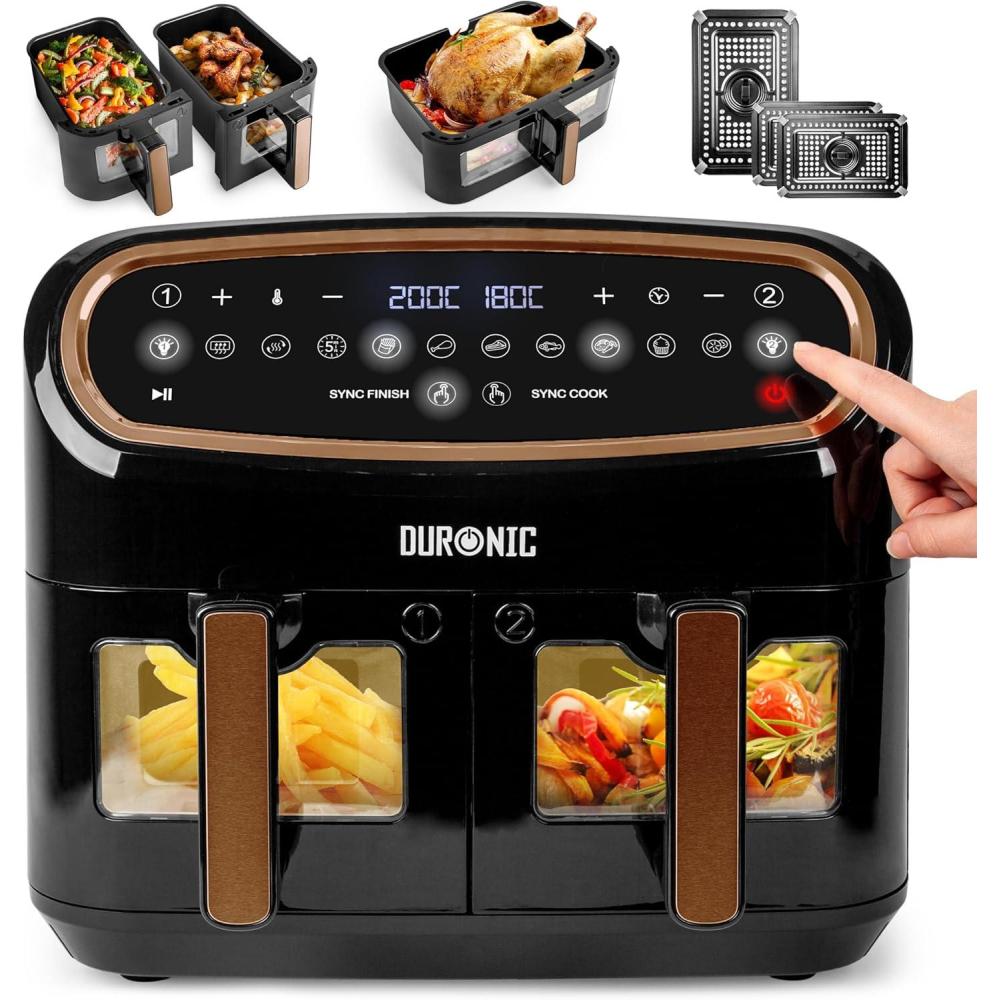imageDuronic AF34 BK Set Friteuse Air avec 1 grand tiroir de 10L et 2 petits tiroirs de 5L inclus 10 Programmes de Cuisson Prrgls Sans huile Fonctions Sync Cook Sync FinishAf34 Bg