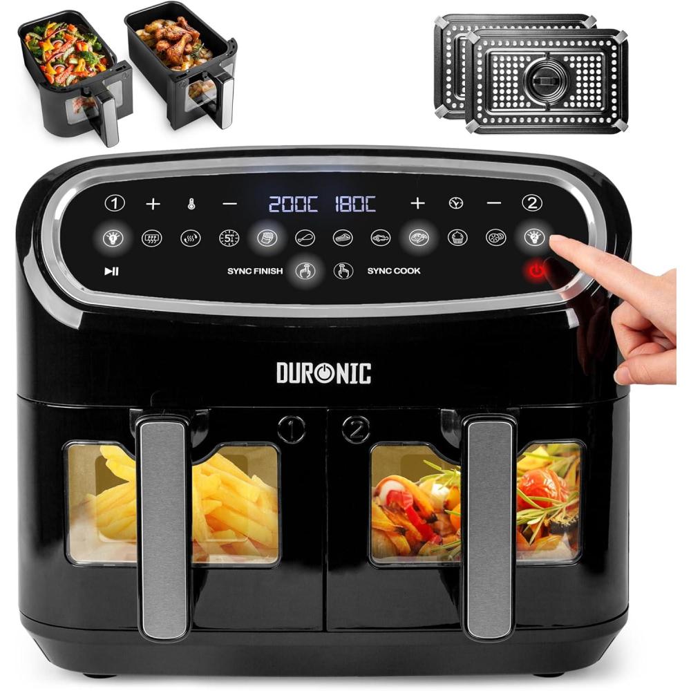 imageDuronic AF34 BK Set Friteuse Air avec 1 grand tiroir de 10L et 2 petits tiroirs de 5L inclus 10 Programmes de Cuisson Prrgls Sans huile Fonctions Sync Cook Sync FinishNoir