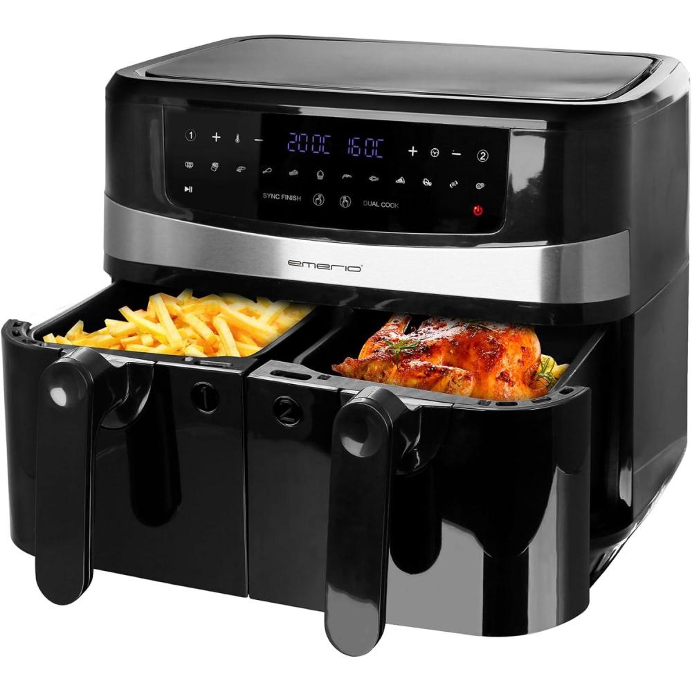 imageEmerio AirFryer AF1266724 Friteuse numrique air chaud double avec air chaud sans huile supplmentaire volume 2 x 50 l 12 programmes sans BPA fonction Smart Finish les deux sont prts en mme