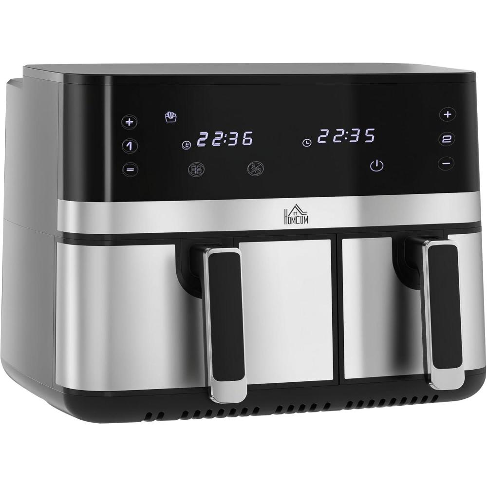 imageHOMCOM Friteuse air sans huile dual zone air fryer 85 L 2700 W 8 programmes cran LED tactile temprature rglable minuterie 2 paniers antiadhsif finition de synchronisation recette
