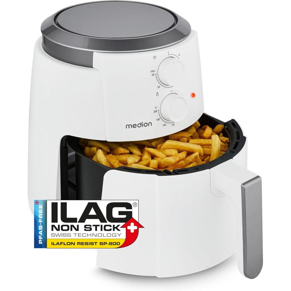 imageMEDION P30 L Friteuse air chaud 47 litres Airfryer 1500 watts utilisation simple friture sans huile minuterie 60 min jusqu 200 C revtement antiadhsif MD13020 noirBlanc