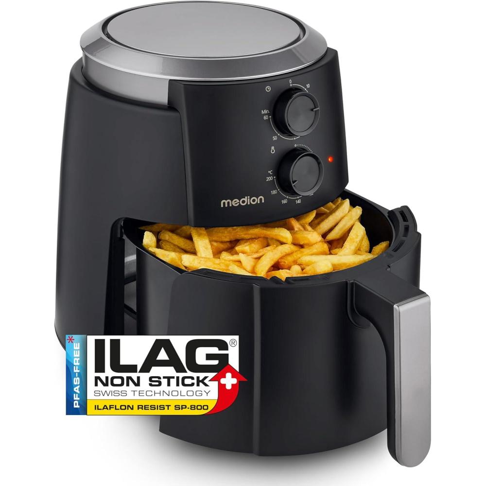 imageMEDION P30 L Friteuse air chaud 47 litres Airfryer 1500 watts utilisation simple friture sans huile minuterie 60 min jusqu 200 C revtement antiadhsif MD13020 noirNoir