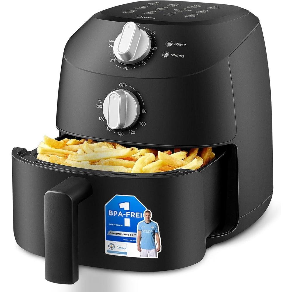 imageMidea Friteuse Air Chaud 2L Compacte 12 Programmes Air Fryer 80200C Panier Antiadhsif Lavable 1150W Sans BPA Idal Petites Cuisines NoirNoir Mat