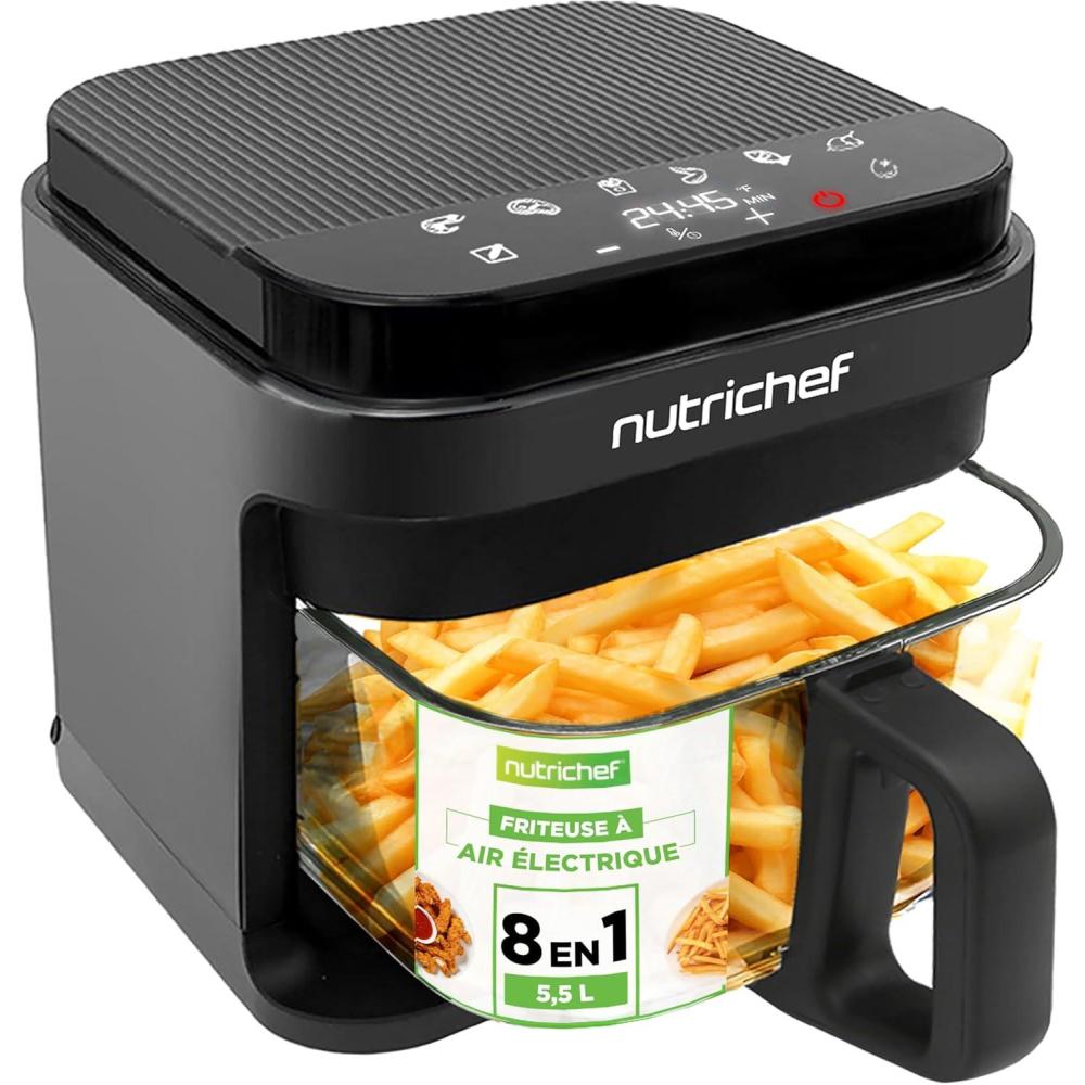 imageNutriChef Friteuse Air 58L 8 Modes Prrgls Bol Transparent Temprature et Temps Prcis Pour Crevettes Frites Ailes Poulet Blanc 2819Gris
