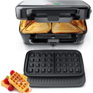 Croque Monsieur 1200W, Gaufrier Multifonctions 3 en, Contrôle de la Température à 5 Vitesses, Chauffe Rapide, Plaque Détachable, Nettoyage Facile, Rouge(Noir)