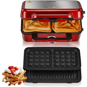 Croque Monsieur 1200W, Gaufrier Multifonctions 3 en, Contrôle de la Température à 5 Vitesses, Chauffe Rapide, Plaque Détachable, Nettoyage Facile, Rouge(Rouge)
