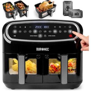Duronic AF34 BK Set Friteuse à Air avec 1 grand tiroir de 10L et 2 petits tiroirs de 5L inclus | 10 Programmes de Cuisson Préréglés | Sans huile | Fonctions Sync Cook Sync Finish(Af34 Bk)
