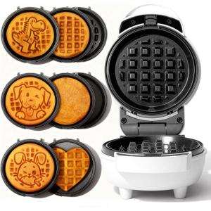 Mini Waffle Maker, fer à gaufres pour enfants, fait des petites gaufres de 8 x 5cm, petit gaufrier, compact et facile à utiliser, surface antiadhésive, recette incluse, blanc(Mini-Machine à Waffles 6 en 1)