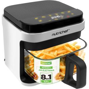NutriChef Friteuse à Air 5.8L – 8 Modes Préréglés, Bol Transparent, Température et Temps Précis – Pour Crevettes, Frites, Ailes, Poulet – Blanc, 28.19(Blanc)