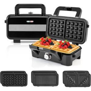 RELAX4LIFE Gaufrier 1000W-Croque Monsieur 3 en 1 avec 2 Frire&2 Griller&2 Gaufres&Poignée Cool Touch|Contrôle de Température à 5 Niveaux, Acier Inoxydable pour Anniversaires Fêtes Pâques Noël (S)(S)