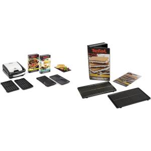 Tefal Croque gaufres et sandwiches, 2 jeux de plaques inclus, Rangement facile & Coffret Snack Collection de 2 plaques gaufrettes + livre de recettes XA800512, Noir