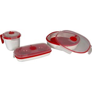 Snips Cuiseur oeuf & Omelette, Cuiseur Vapeur Micro Onde, 0,75 LT, 24 x 12,5 x 6 cm, Récipient alimentaire micro-ondes Blanche et Rouge, Made in Italy(Lot de 3 boîtes)