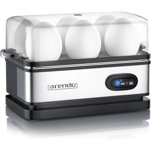 arendo – Cuiseur à œufs avec Fonction Maintien au Chaud – 1 à 6 œufs – Dur, Mollet ou à la Coque – Indicateur Lumineux – Verre doseur avec Perce-œufs – 400 W – Base Anti-dérapante – Cool Grey(A: Acier Brossé)