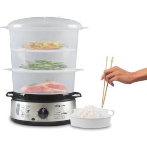 BEPER BC.261 Cuiseur Vapeur de 5 Litres avec Minuteur – Cuiseur Vapeur Électrique pour Cuiseur de Riz, Poisson, Raviolis, Légumes, Viande, Sans BPA(Acier Noir)