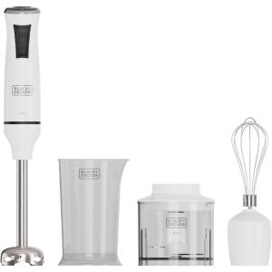 Black+Decker – Mixeur Plongeant BXHB500E 600W | Design Compact et Ergonomique | Pied Amovible en Plastique | Anti-éclaboussures | Gobelet Doseur Inclus | Plastique | Blanc(750W | 3 Accessoires)