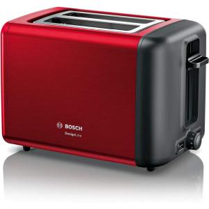 Bosch DesignLine TAT5P420DE Grille-pain compact en acier inoxydable avec arrêt automatique et fonction décongélation, parfait pour 2 tranches de toast, fonction lifting, large, 970 W, acier inoxydable(Rouge)