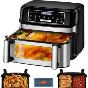 Air Fryer 12L | Réglable Une ou Deux Chambres Grande Friteuse Sans Huile a Recette, 8-en-1 Friteuse Air Fryer XXL Contrôle Température Indépendante 2600W, AirFryer Double Compartiment Fenetre Visible(Argenté)