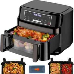 Air Fryer 12L | Réglable Une ou Deux Chambres Grande Friteuse Sans Huile a Recette, 8-en-1 Friteuse Air Fryer XXL Contrôle Température Indépendante 2600W, AirFryer Double Compartiment Fenetre Visible(Noir)