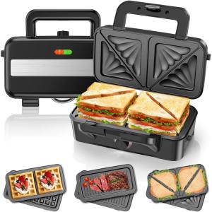 Appareil Croque Monsieur 3 en 1, Gaufrier 1200W avec Contrôle de Température à 5 Vitesses, Machine à Sandwich avec 3 Plaques Antiadhésives pour Sandwich, Gaufres, Viande, Lumières LED,Vert Menthe(Noir)