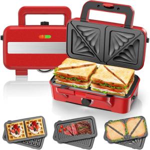 Appareil Croque Monsieur 3 en 1, Gaufrier 1200W avec Contrôle de Température à 5 Vitesses, Machine à Sandwich avec 3 Plaques Antiadhésives pour Sandwich, Gaufres, Viande, Lumières LED,Vert Menthe(Rouge)