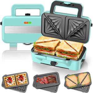 Appareil Croque Monsieur 3 en 1, Gaufrier 1200W avec Contrôle de Température à 5 Vitesses, Machine à Sandwich avec 3 Plaques Antiadhésives pour Sandwich, Gaufres, Viande, Lumières LED,Vert Menthe(Vert)