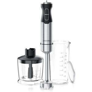Arendo – Mixeur plongeant 1000 W en acier inoxydable – Couteau à quatre lames – Mélangeur à purée – Réglage en continu de la vitesse – Bouton turbo – Pied mixeur amovible – Certifié GS(C: Acier Brossé + Hachoir + Verre Doseur)
