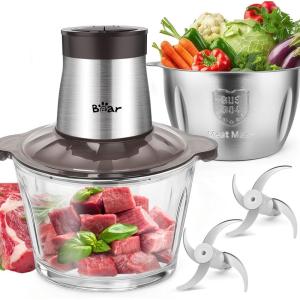 Bear 2L+1.8L Hachoir Électrique En Acier Inox, 600w 2 Vitesses, 4 Lames En Acier Inoxydable, Coupe Julienne Dans Un Récipient En Verre Pour La Viande, Les Aliments Pour Bébés, Les Fruits, Les Légumes