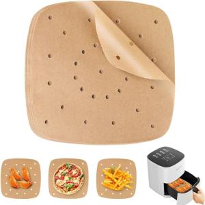 100 Papier Sulfurisé Air Fryer，Perforé Papier Cuisson Air Fryer，Jetable Antiadhésive Sans Huile Papier Parchemin Accessoires pour Friteuse Cuiseur à Vapeur Four Air Fryer