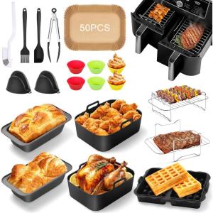Accessoires Air Fryer, Moule Silicone Air Fryer pour Ninja Foodi Dual Zone AF300EU/AF400EU/AF500EU 7,6L-9,5L et Autres Dual Zone Friteuse, avec Moule Cake, Spray Huile Cuisine etc(23PCS)
