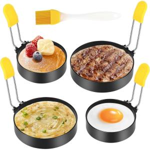 4 Pcs Anneaux D&rsquo;oeuf Antiadhésifs Anneaux D&rsquo;oeufs Au Plat, Anneaux À Œufs En Acier Inoxydable, Avec Brosse Et Couvercle En Silicone Anti-Brûlure, pour La Cuisson Œuf Au Plat