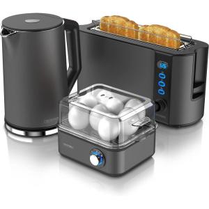 Arendo Set Ensembles Bouilloire et grille-pain et cuiseur à oeufs Bouilloire en inox 1,5L 40°-100°C Grille-pain 2 Tranches Ecran LED 6 niveaux de brunissage Cuiseur à oeufs 1-8 oeufs, Verre doseur(A: Cool Grey)