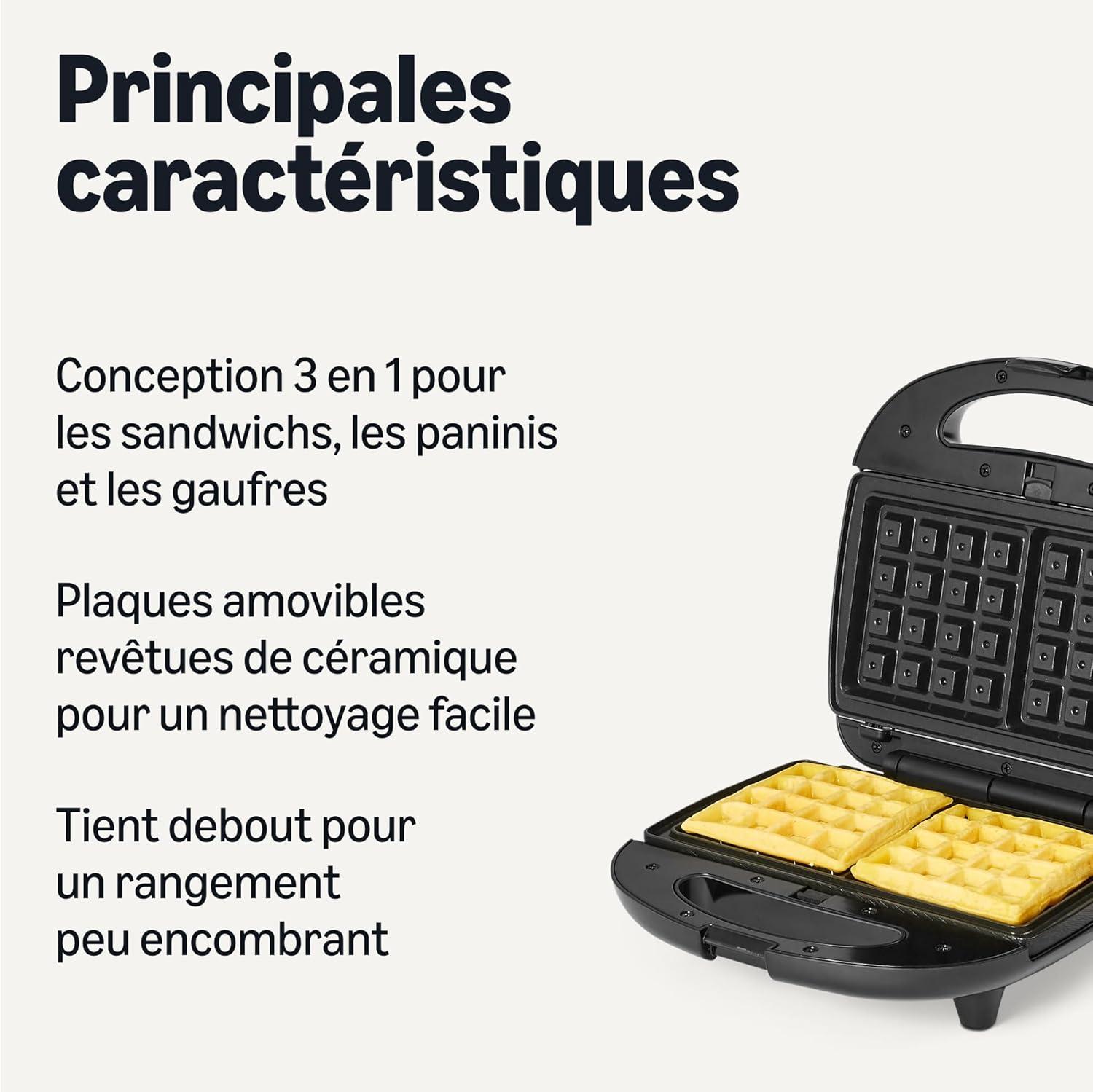 image:imageAmazon Basics Gaufrier pour Gaufres Belges avec Plaque Antiadhsive Ronde en Cramique de 20cm Contrle de la Dorure NoirAppareil CroqueMonsieur Gaufrier 3 en 1