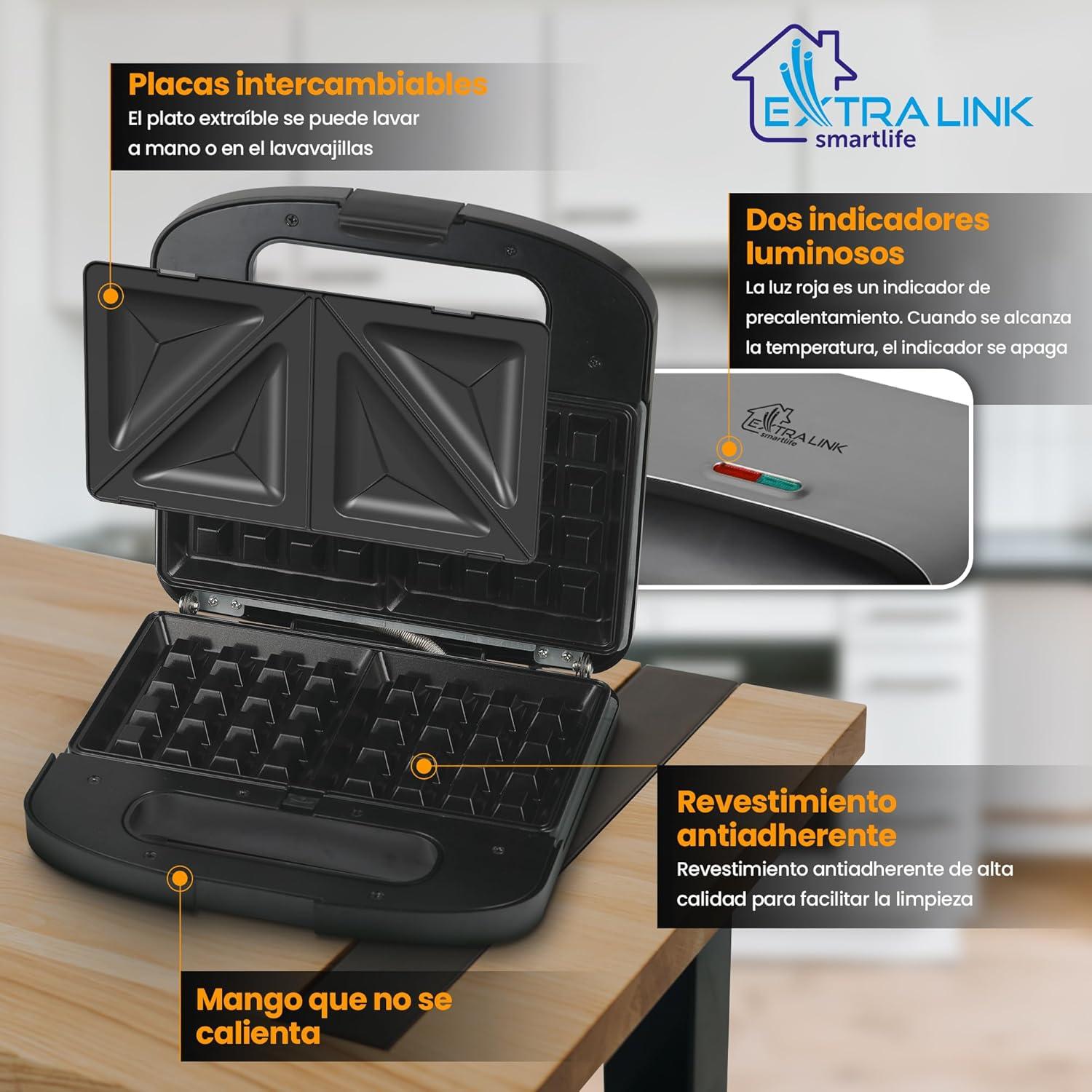 image:imageExtralink Appareil 3 en 1 Grillepain gaufrier et croquemonsieur 1000 W Revtement antiadhsif Nettoyage facile