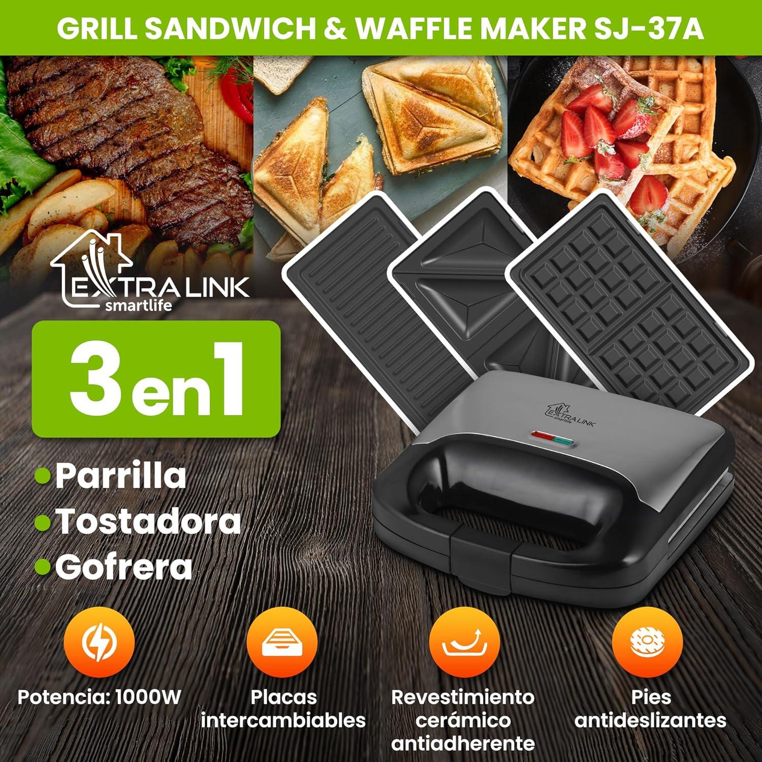 image:imageExtralink Appareil 3 en 1 Grillepain gaufrier et croquemonsieur 1000 W Revtement antiadhsif Nettoyage facile