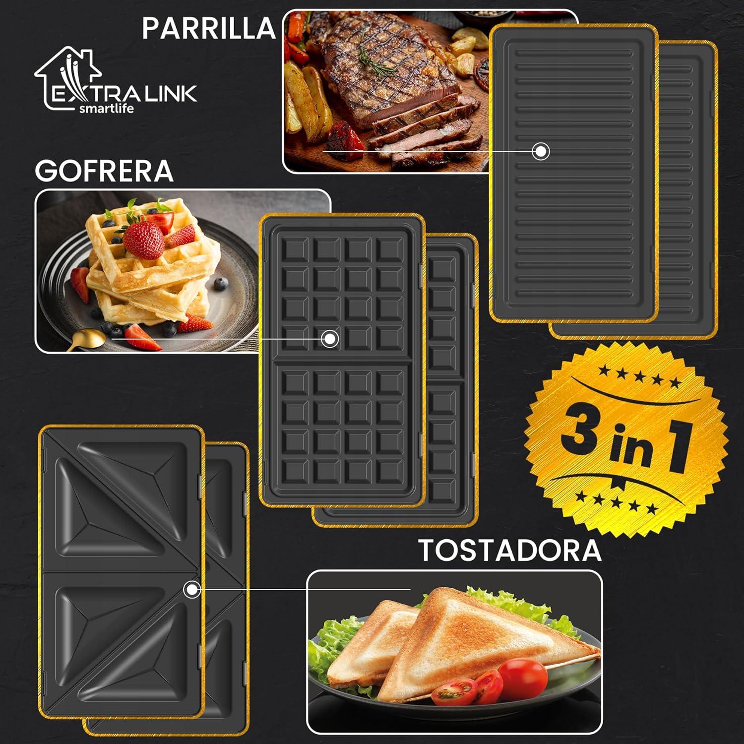 image:imageExtralink Appareil 3 en 1 Grillepain gaufrier et croquemonsieur 1000 W Revtement antiadhsif Nettoyage facile