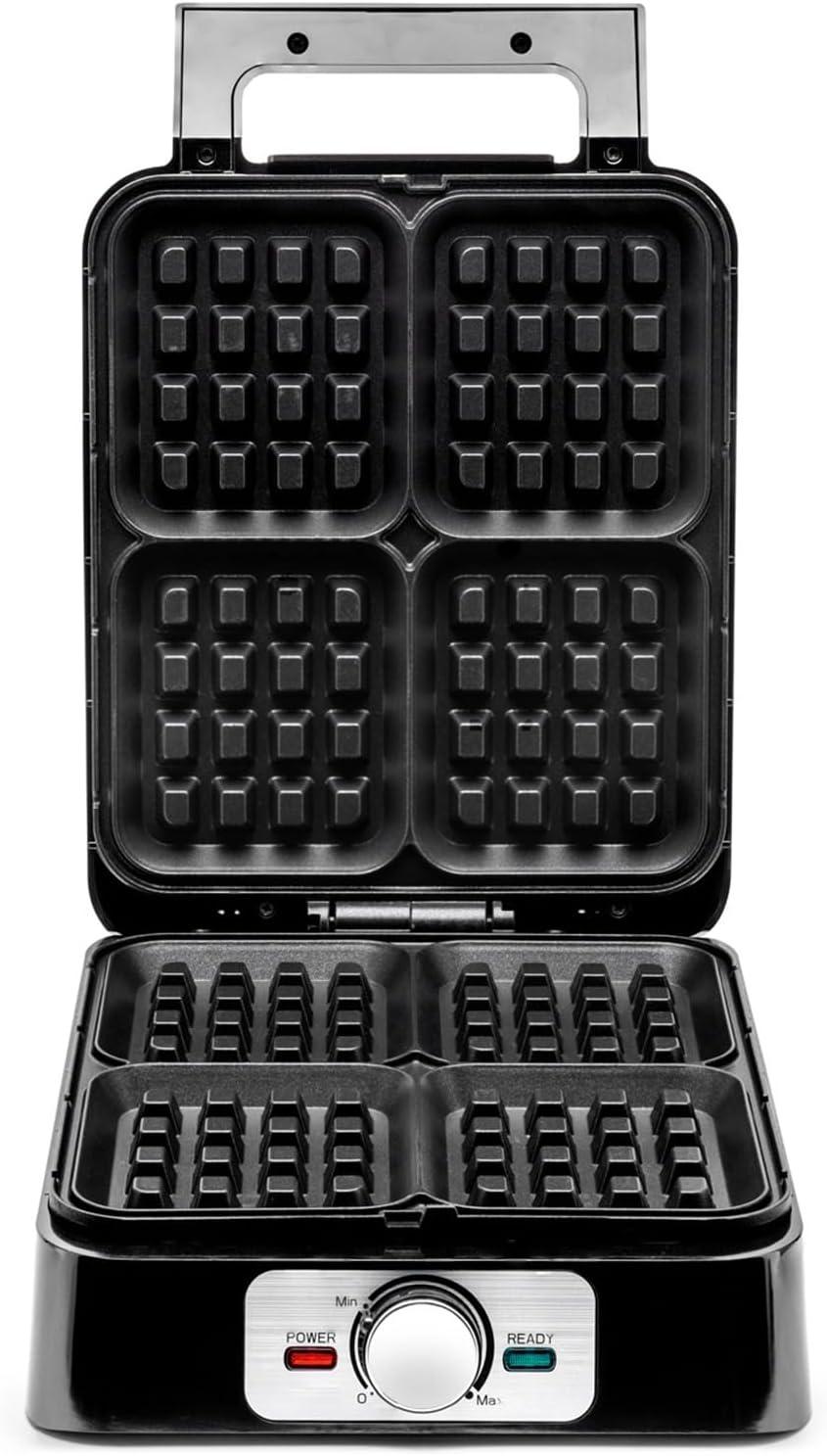image:imageGaufrier lectrique 1500W pour 4 Gaufres Belges Chauffe Rapide Temprature Rglable Plaques Antiadhsives Voyant Lumineux Poigne Cool Touch Inox Noir