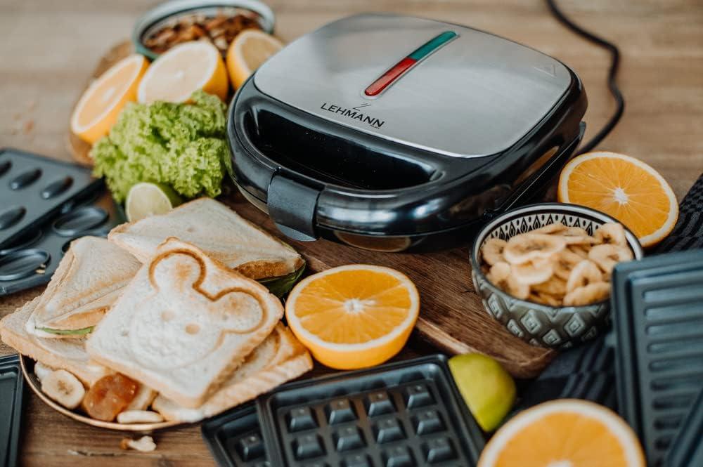 image:imageLehmann Sandwichmaker 5 en 1 avec diffrentes formes Gaufrier grill contact panini sandwich gteaux sucrs Comprend 5 ensembles de plaques antiadhsives 800 W